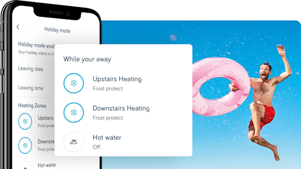Hive app displaying Holiday Mode feature of the Mini Thermostat to demonstrate frost protection being activated and hot water switched off. Male in swimming trunks jumping in the air with an inflatable ring on the right of image.