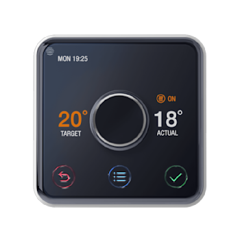 Front facing view of Hive Wired Thermostat with dial on front and three buttons underneath with temperatures showing on the screen either side of the dial