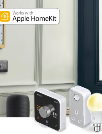 Hallway with dark blue front door and white panelled walls with a white marble unit to the side that has notebooks and a smart speaker on it, with Hive smart devices superimposed in the bottom right hand corner