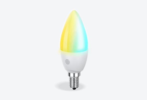 Front facing view of Hive E14 Smart Light Bulb, in cool to warm colours, on a light grey background