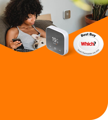 Woman sitting on a dark grey sofa cuddling a small dog in one hand and holding a smartphone in her other hand, and a Hive Thermostat Mini attached to the grey painted wall in the background, with a superimposed orange block at the bottom of the image showing the Hive Thermostat Mini in isolation