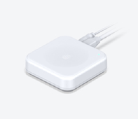 Side angle view of Hive Hub, with cables attached to the back, on a white background