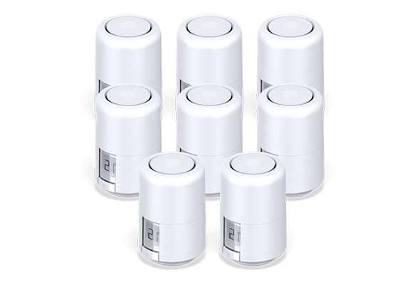 Composite image of eight Hive Radiator Valves on a light grey background