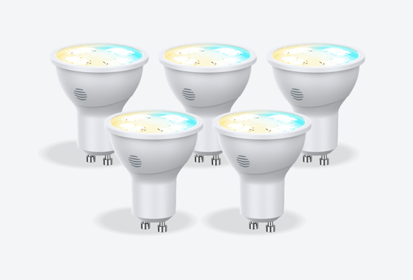 Front facing view of five Hive GU10 Smart Light Bulbs, in cool to warm colours, on a light grey background