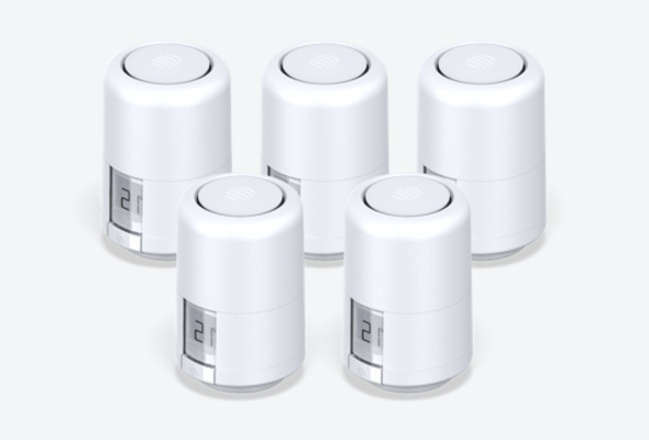 Composite image of five Hive Radiator Valves on a light grey background