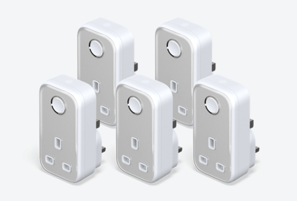 Composite image of five Hive Active Plugs on a light grey background