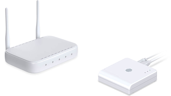 White internet router device placed next to a Hive Hub and both floating on a white background
