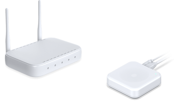 White internet router device placed next to a Hive Hub and both floating on a white background