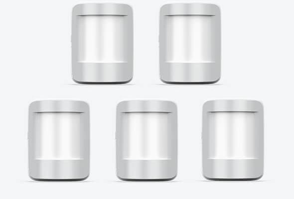 Composite image of five Hive Pet Friendly Motion Sensors on a light grey background