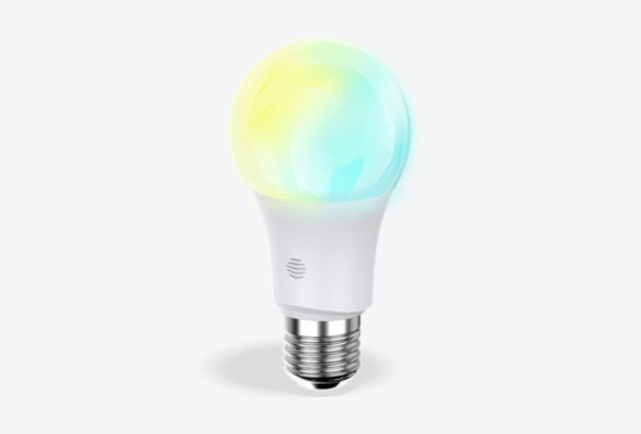 Front facing view of Hive E27 Smart Light Bulb, in cool to warm colours, on a light grey background