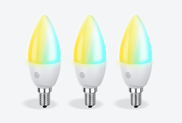 Front facing view of three Hive E14 Smart Light Bulbs, in cool to warm colours, on a light grey background