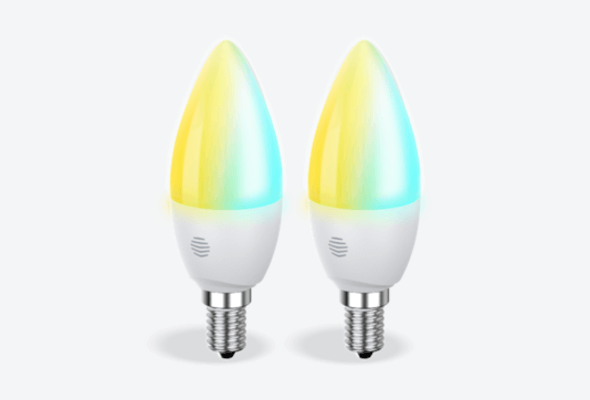 Front facing view of two Hive E14 Smart Light Bulbs, in cool to warm colours, on a light grey background