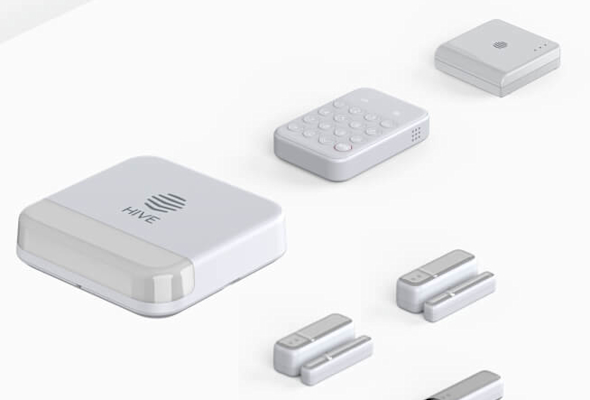 Composite image of Hive HomeShield Starter Pack, including Hive Siren, Hive Keypad, Hive Motion Sensors and a Hive Hub, on a light grey and white background