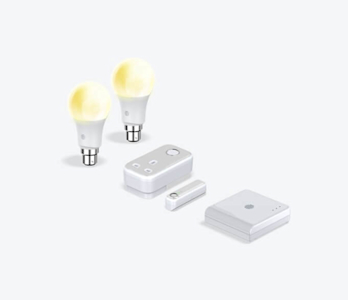Composite image of Hive smart devices, including Hive smart light bulbs, Hive Plug, Hive Motion Sensor and Hive Hub, on a white background
