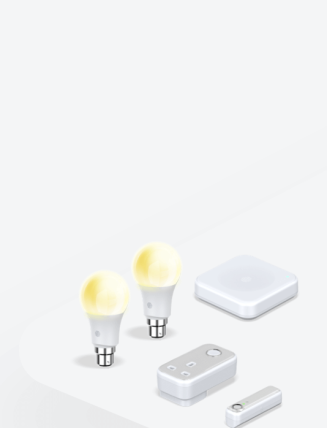 Composite image of Hive smart devices, including Hive smart light bulbs, Hive Plug, Hive Motion Sensor and Hive Hub, on a light grey background