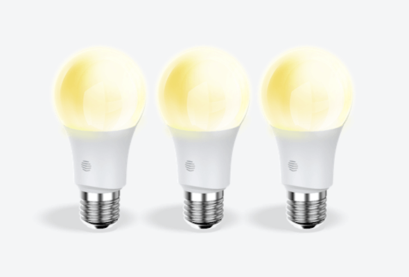 Front facing view of three Hive E27 Smart Light Bulbs, with dimmable light, on a light grey background