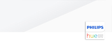 Grey gradient background with a Philips Hue logo superimposed in the bottom right corner