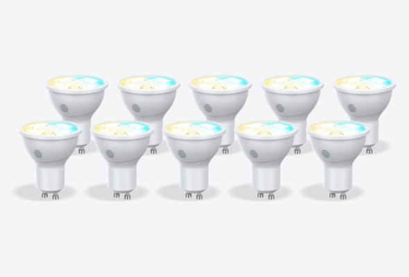 Composite image of ten Hive GU10 Smart Light Bulbs, in cool to warm colours, on a light grey background