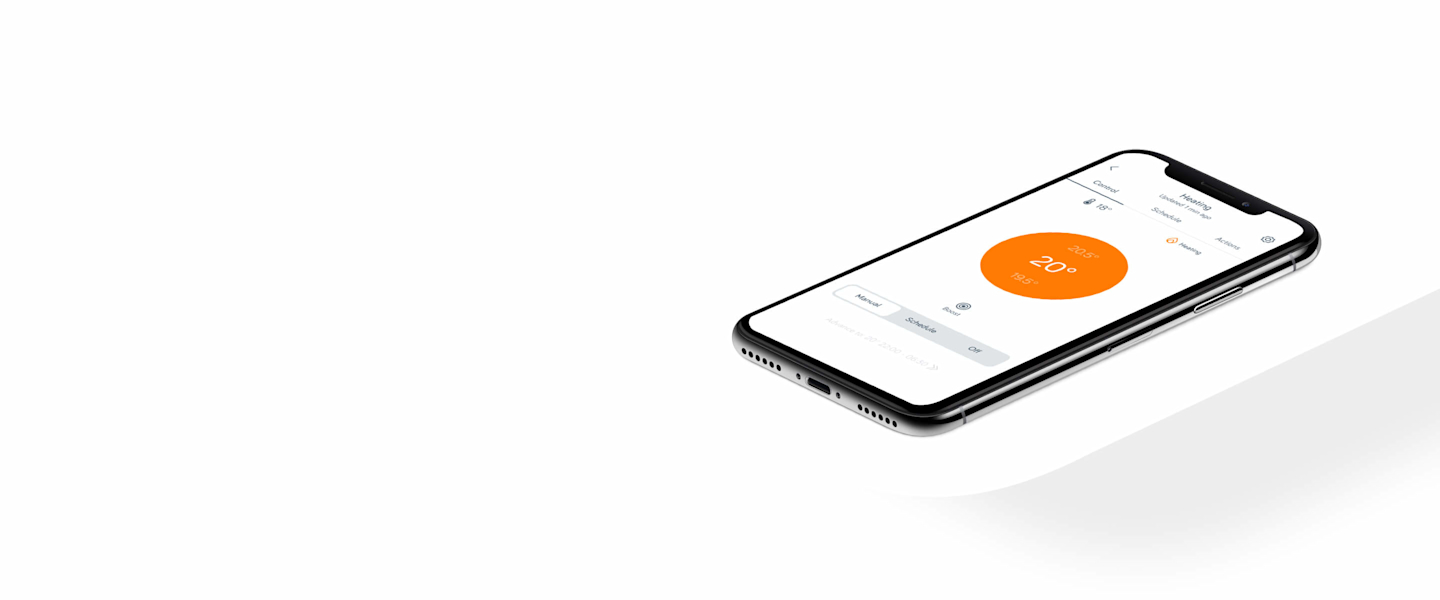 Smartphone lying down showing heating controls on the Hive app, on a white background