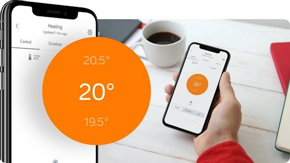 Image of Hive app opened on smartphone on the left. On the right of image, it has a hand holding the smartphone with the Hive app open with coffee in the background. In the middle, the image has a 20 degrees temperature logo overlay in circle.