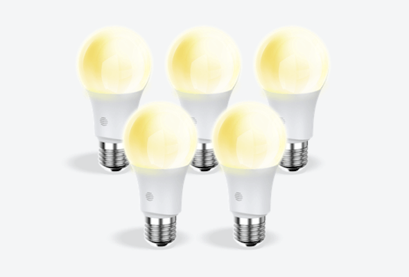 Composite image of five Hive E27 Smart Light Bulbs, with dimmable light, on a light grey background