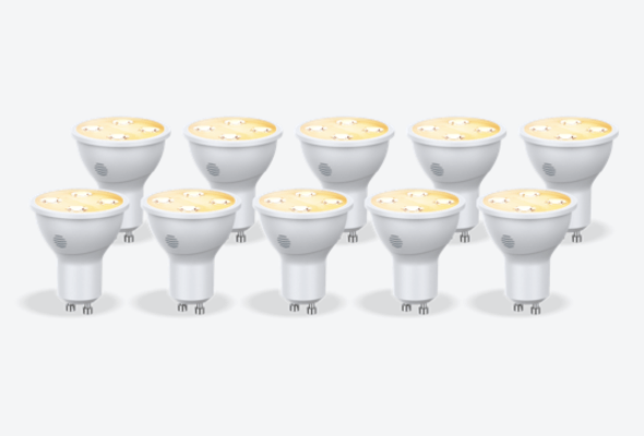Composite image of ten Hive GU10 Smart Light Bulbs, with dimmable light, on a light grey background