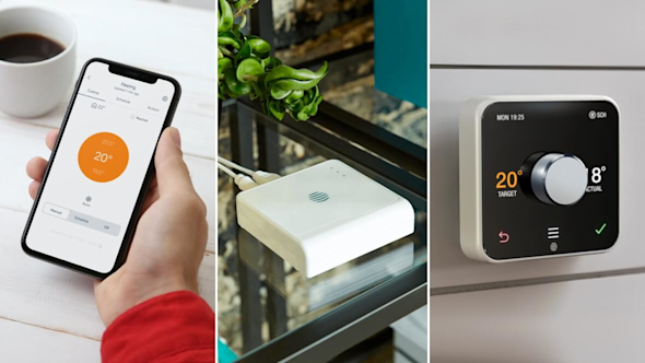 Set of three images showing a person holding a smartphone with the Hive app on it, a Hive Hub sitting on a glass coffee table, and a Hive Thermostat attached to a white panelled wall
