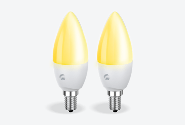 Front facing view of two Hive E14 Smart Light Bulbs, with dimmable light, on a light grey background