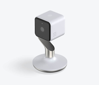 Side angle view of white and champagne Hive View Indoor Camera on a white background