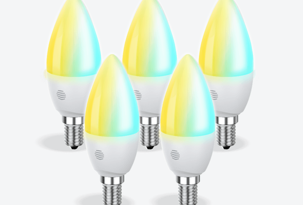 Front facing view of five Hive E14 Smart Light Bulbs, in cool to warm colours, on a light grey background