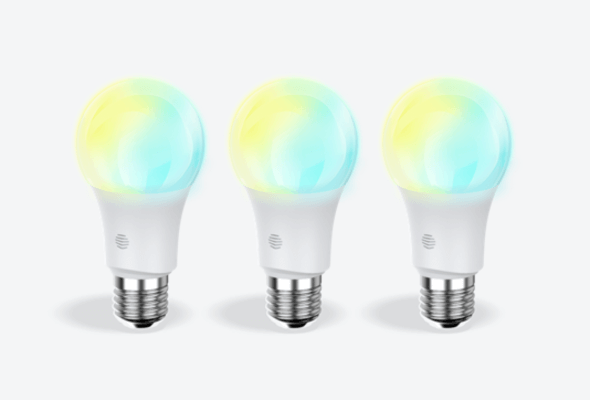 Front facing view of three Hive E27 Smart Light Bulbs, in cool to warm colours, on a light grey background