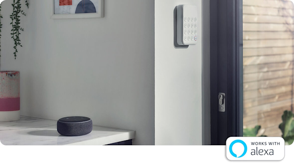 Grey kitchen with a Hive Keypad on the wall next to a black framed patio door and an Amazon Echo Dot speaker sitting on a white marble kitchen counter next to the wall with a framed picture