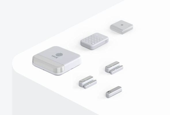 Composite image of Hive HomeShield Starter Pack, including Hive Siren, Hive Keypad, Hive Motion Sensors and a Hive Hub, on a light grey and white background