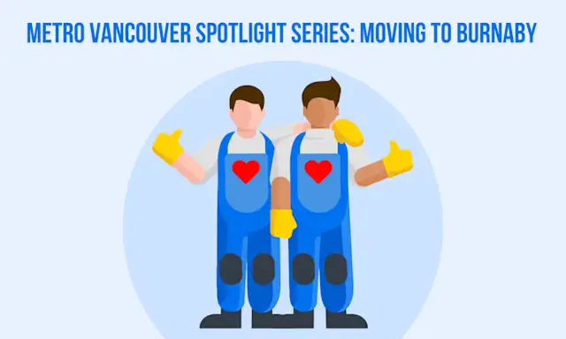 Illustration of two movers giving thumbs up with text 'Metro Vancouver Spotlight Series: Moving to Burnaby
