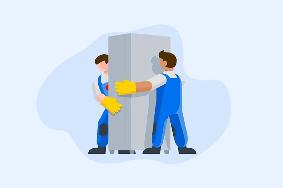 Two cartoon movers in blue overalls and yellow gloves are carrying a large rectangular object, such as a refrigerator, together.