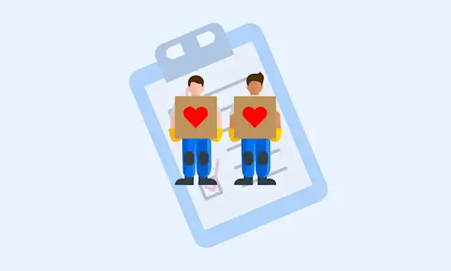 Illustration of two movers holding boxes with heart symbols in front of a clipboard
