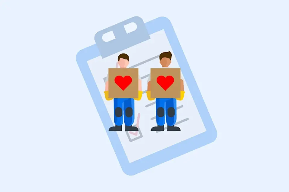Illustration of two movers holding boxes with heart symbols in front of a clipboard