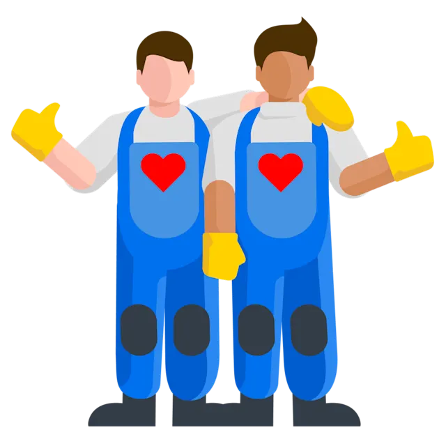 Two cartoon movers, both wearing blue overalls with red hearts and yellow gloves, are standing side by side, each giving a thumbs-up.