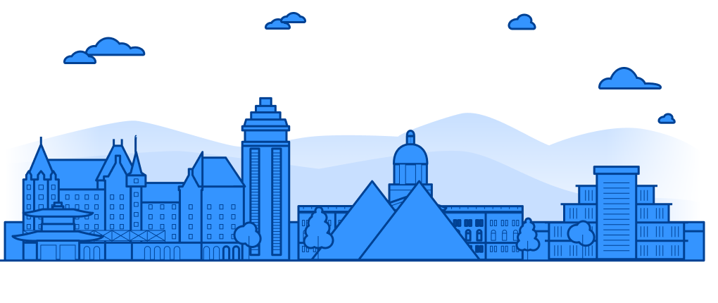 Illustration of Edmonton's skyline featuring landmarks like the Fairmont Hotel Macdonald, pyramids of the Muttart Conservatory, and the Alberta Legislature Building.