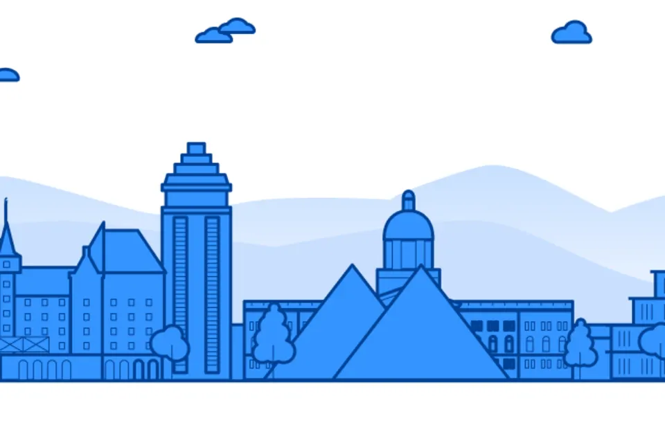 Illustration of Edmonton's skyline featuring landmarks like the Fairmont Hotel Macdonald, pyramids of the Muttart Conservatory, and the Alberta Legislature Building.