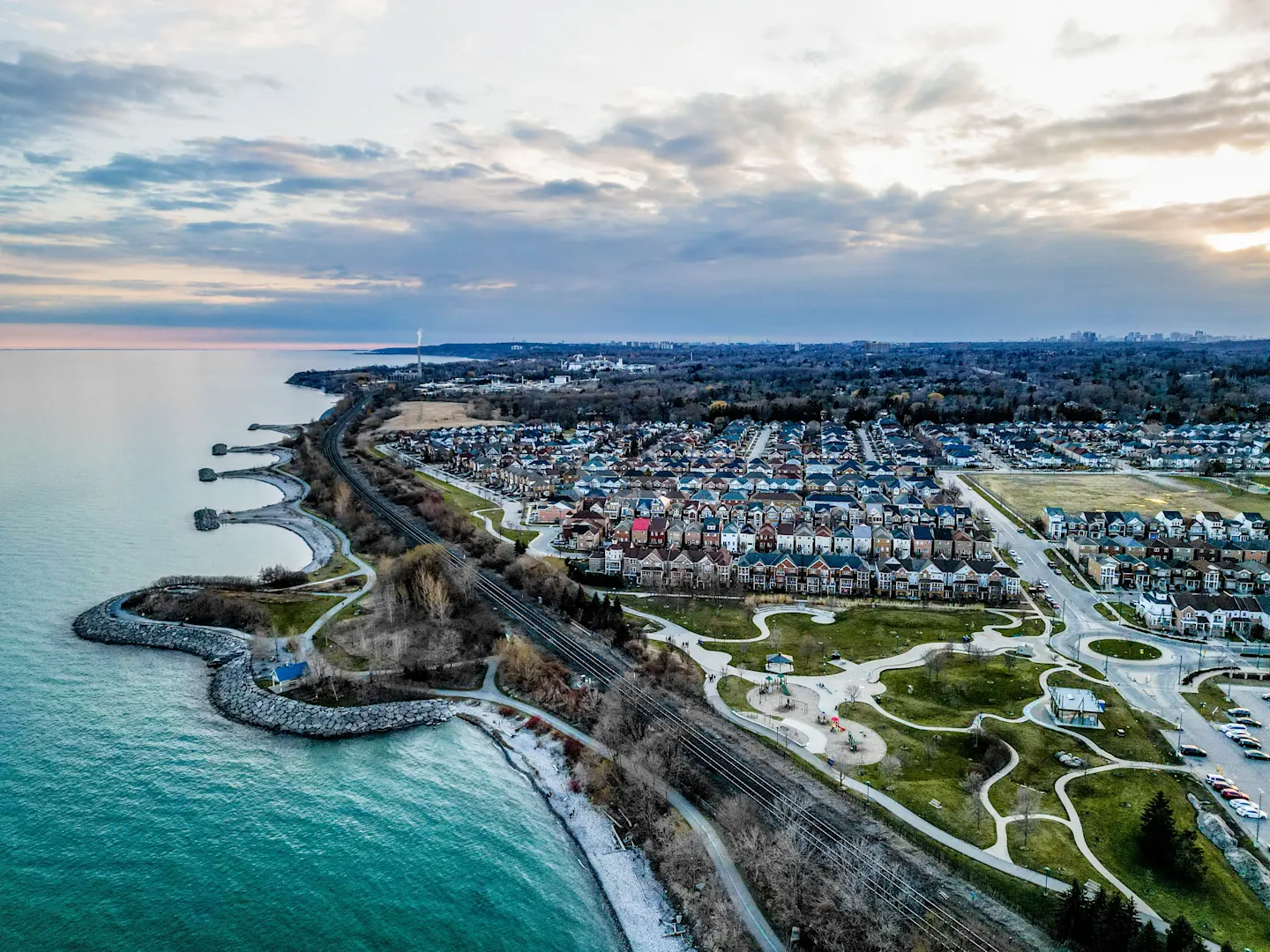 Aerial view of Pickering, Ontario, showing residential neighbourhoods along the waterfront.