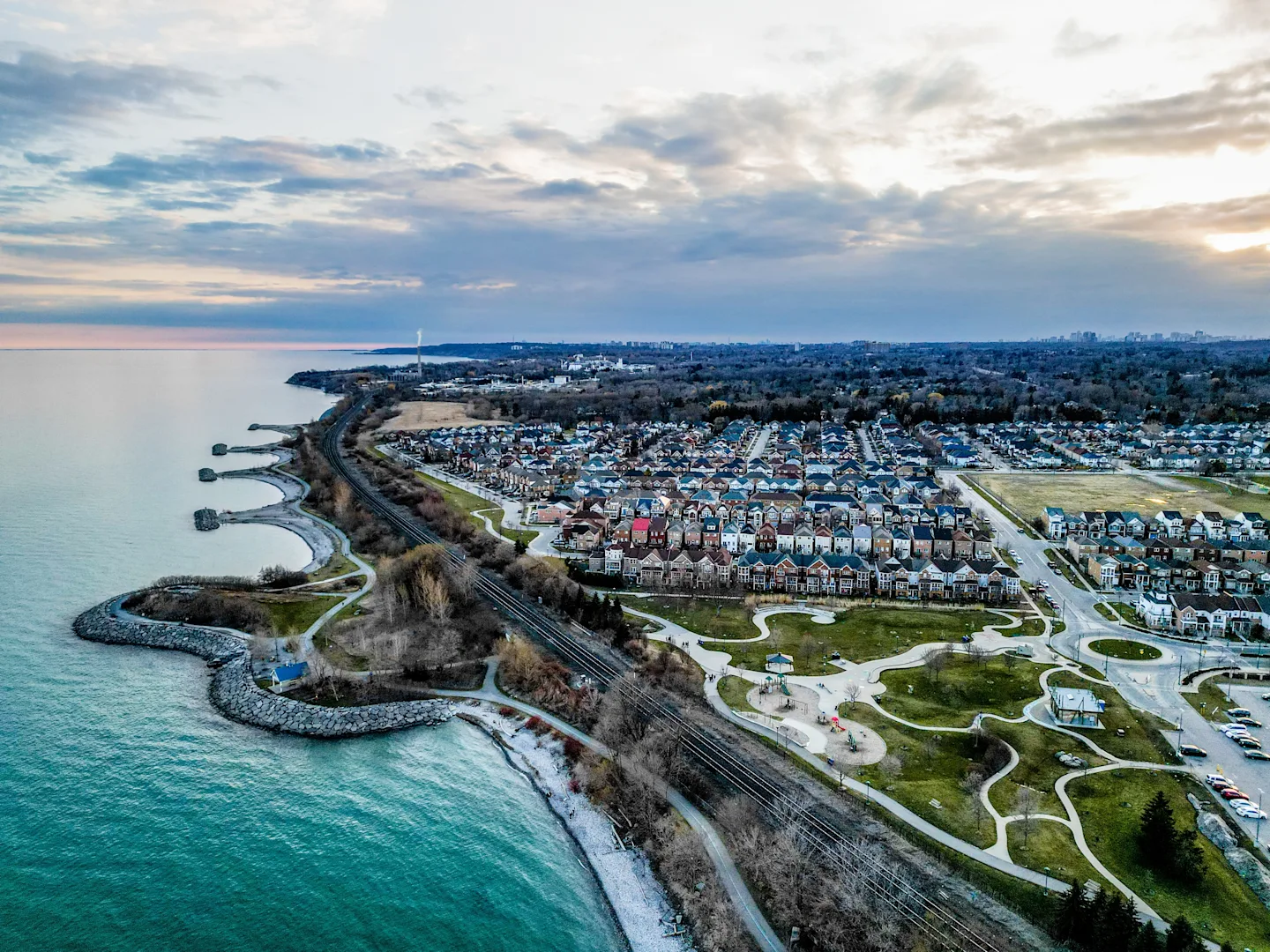Aerial view of Pickering, Ontario, showing residential neighbourhoods along the waterfront.