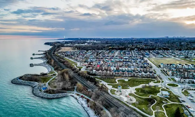Aerial view of Pickering, Ontario, showing residential neighbourhoods along the waterfront.