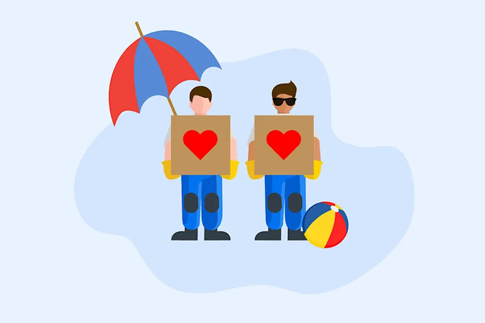 Illustration of two movers holding boxes with heart symbols, with an umbrella and beach ball beside them