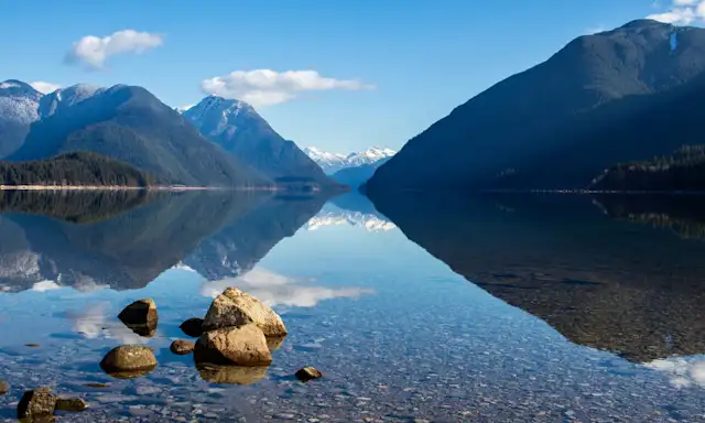Serene mountain landscape with clear reflections in the water of Alouette Lake in British Columbia.