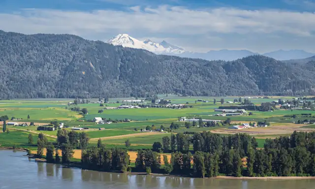 View of Abbotsford's green farmlands, Fraser River, and snow-capped mountains in the background.