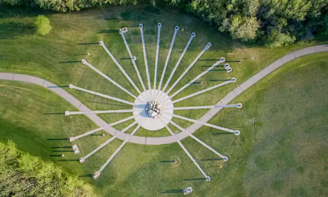 Aerial view of the Border Markers, a sundial-like sculpture symbolizing the Alberta-Saskatchewan border in Lloydminster