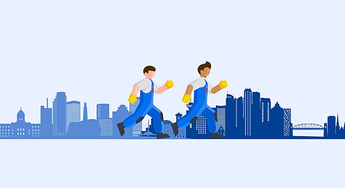 Illustration of two movers running in front of a city skyline