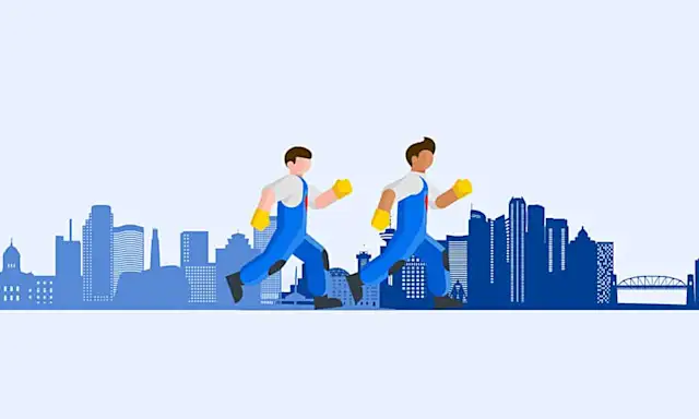 Illustration of two movers running in front of a city skyline