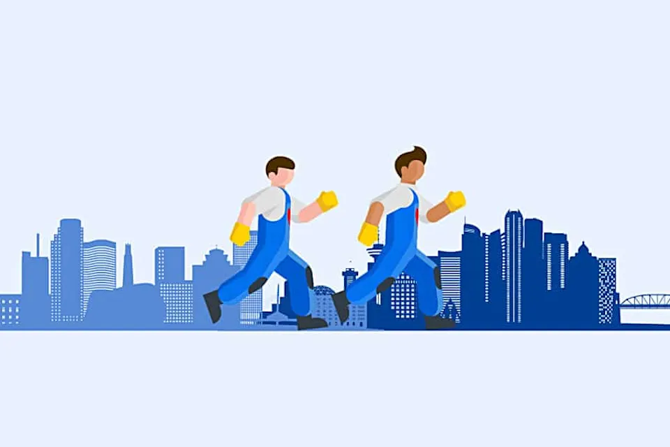 Illustration of two movers running in front of a city skyline